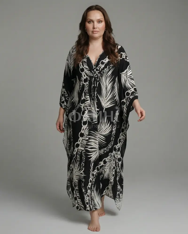 Чорна пляжна туніка-максі з тропічним принтом