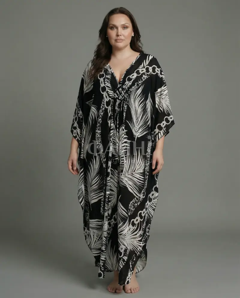 Чорна пляжна туніка-максі з принтом