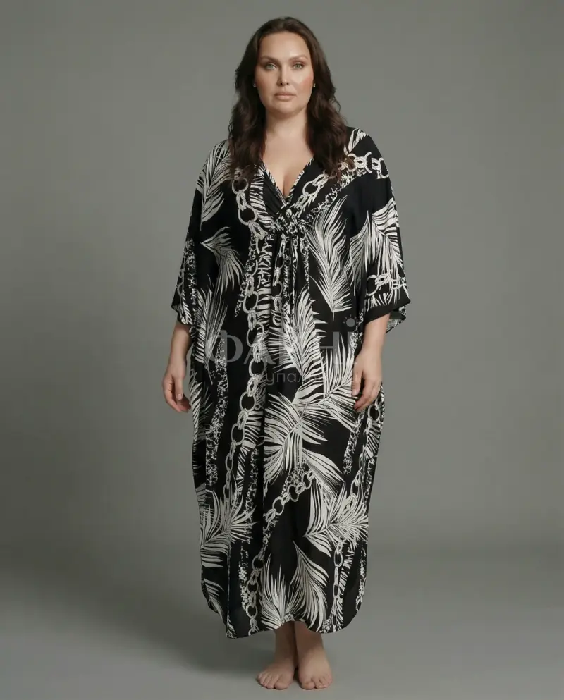 Чорна пляжна туніка-максі з тропічним принтом