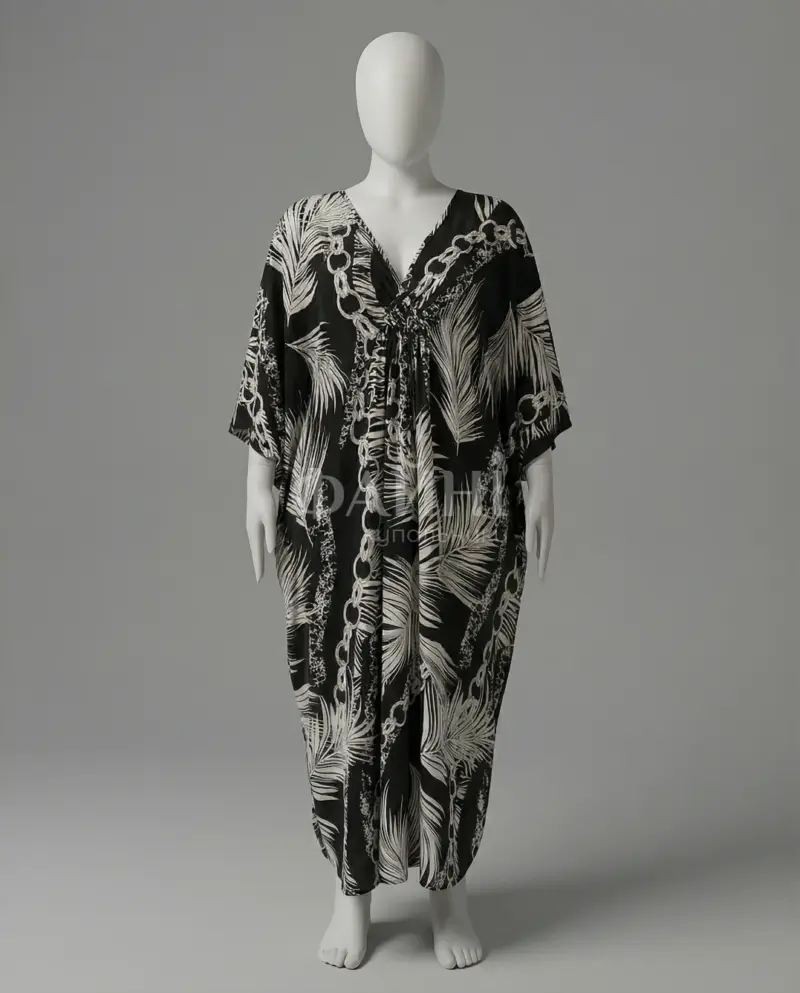 Чорна пляжна туніка-максі з тропічним принтом