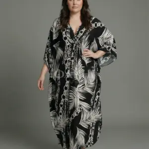 Чорна пляжна туніка-максі з тропічним принтом