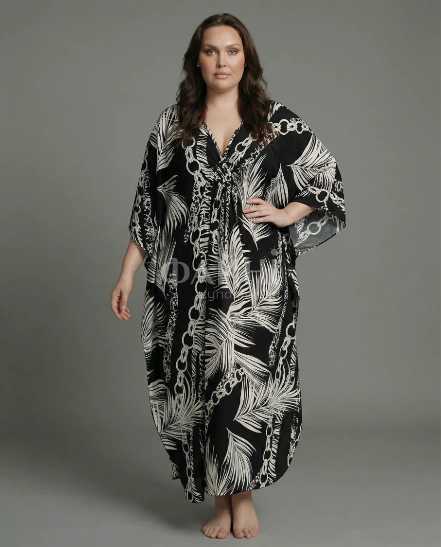 Чорна пляжна туніка-максі з тропічним принтом