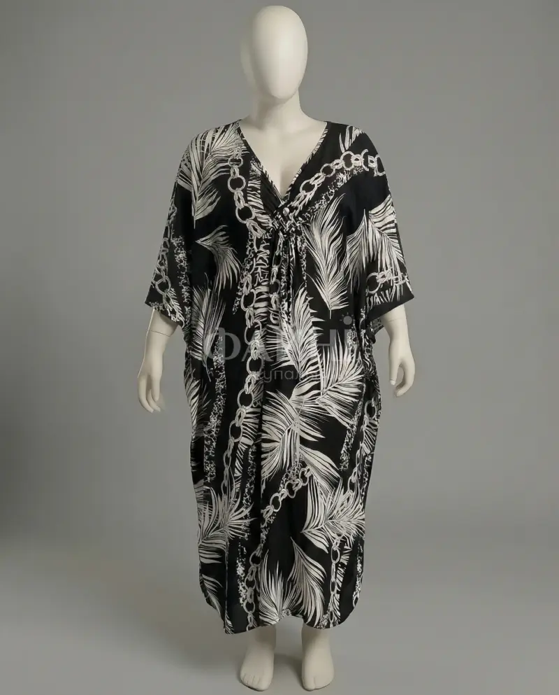 Чорна пляжна туніка максі з тропічним принтом