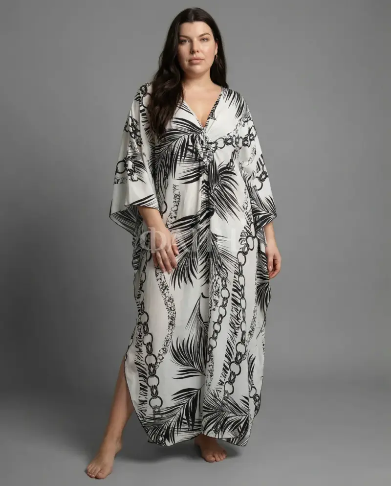 Чорно-біла туніка-максі з тропічним принтом