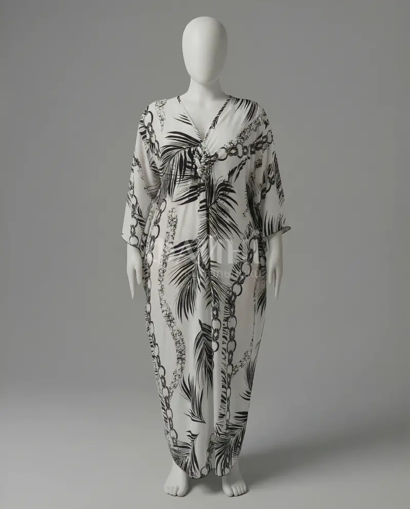 Біла пляжна туніка максі з тропічним принтом