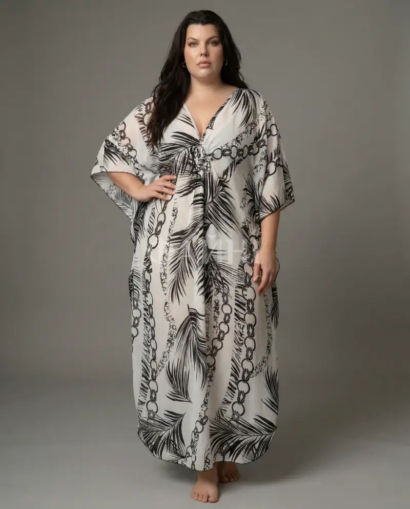 Біла пляжна туніка максі з тропічним принтом