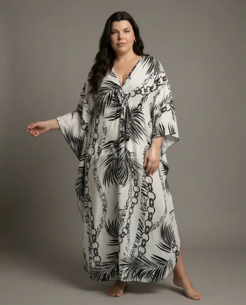 Біла туніка-максі з тропічним принтом