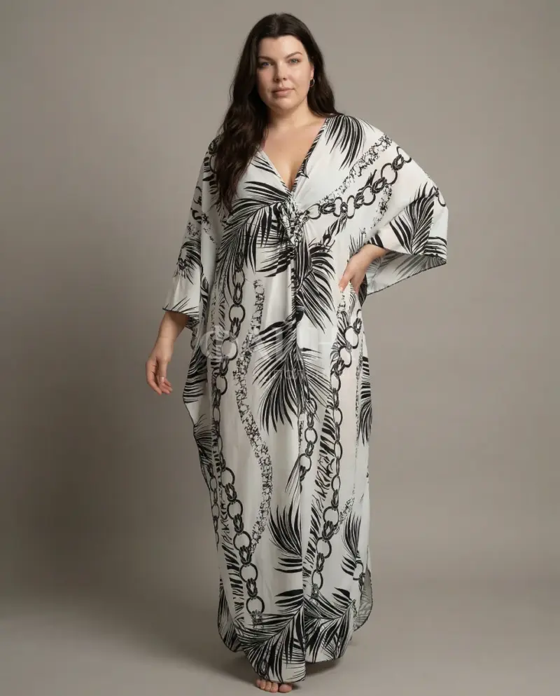 Біла туніка-максі з тропічним принтом