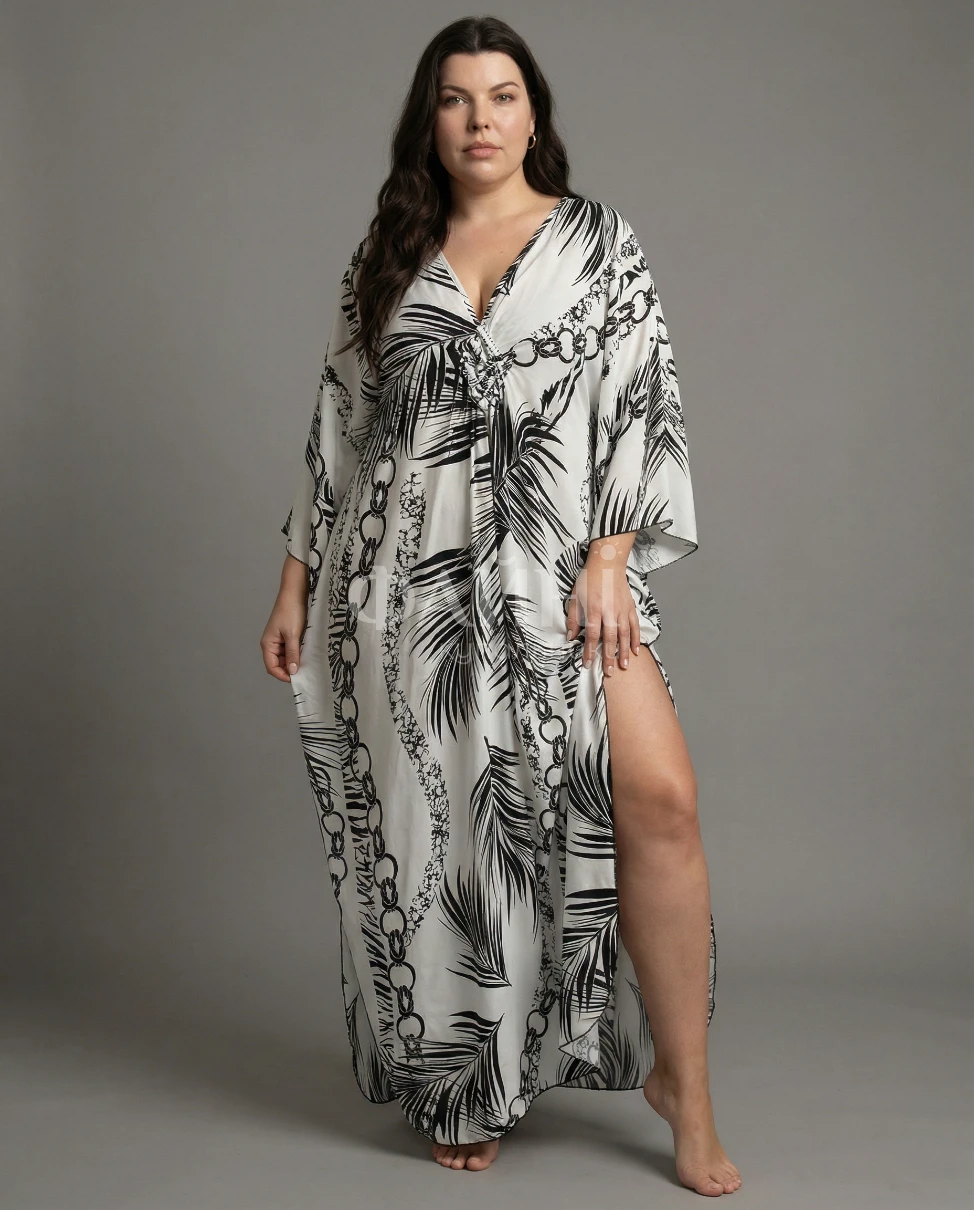 Біла туніка-максі з тропічним принтом