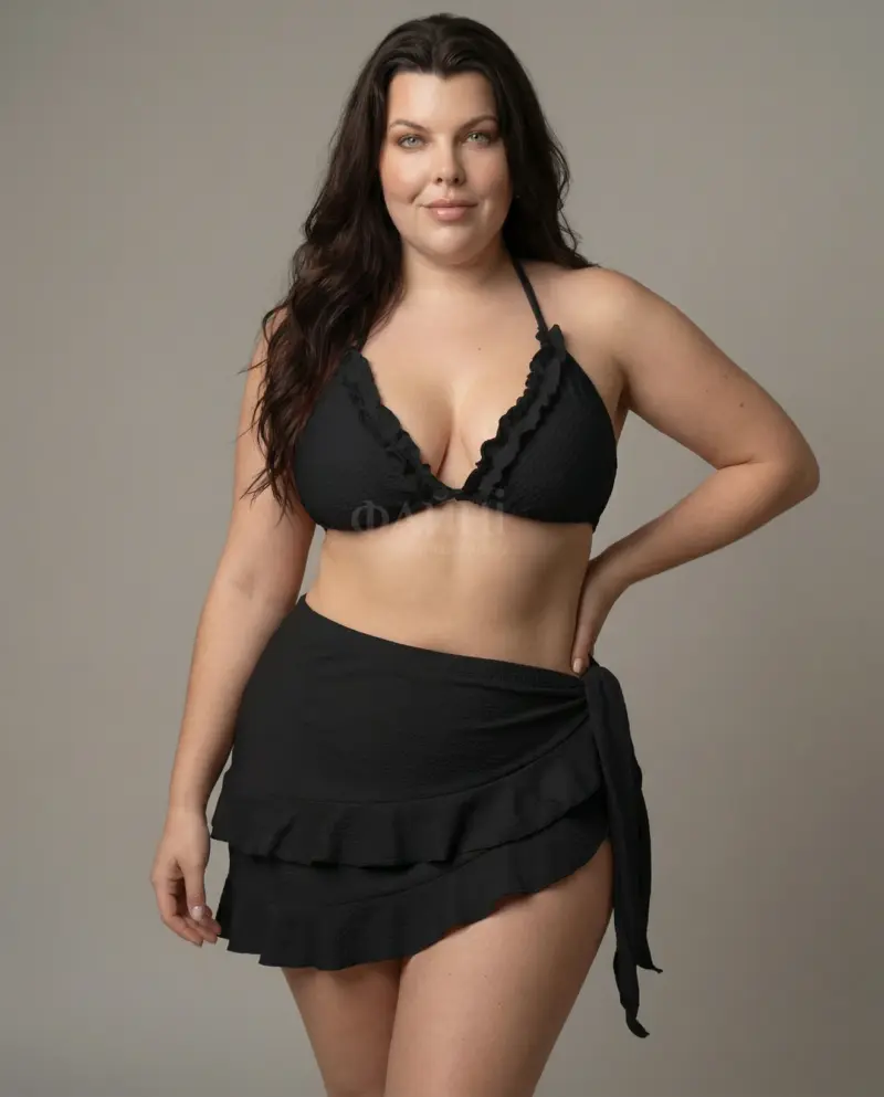 Чорний купальник плюс сайз з рюшами