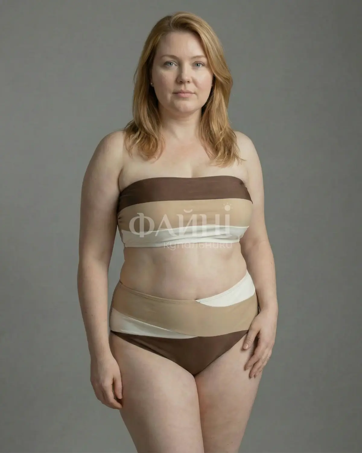 Купальник бандо бежево-коричневий plus size