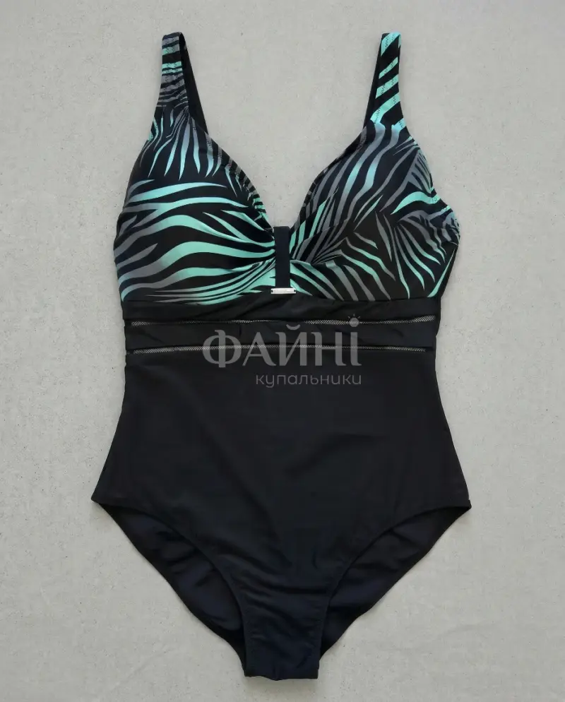 Чорний суцільний купальник із м'ятно-чорним зебровим принтом та сітчастою вставкою