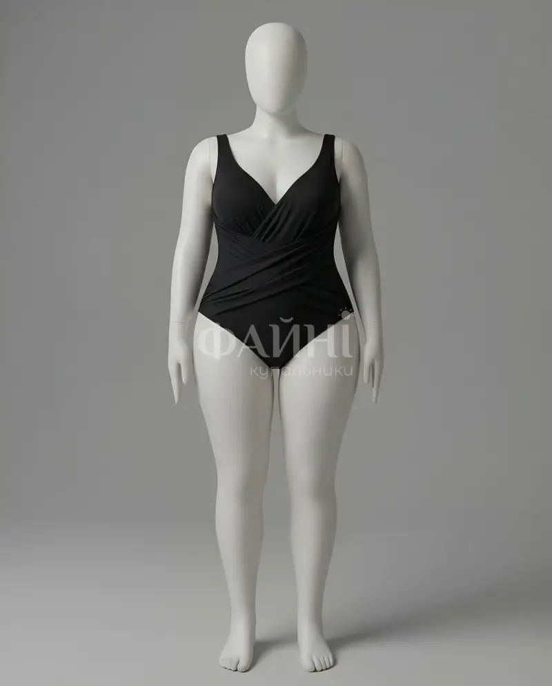 Чорний суцільний купальник з V-подібним декольте та драпіруванням на манекені