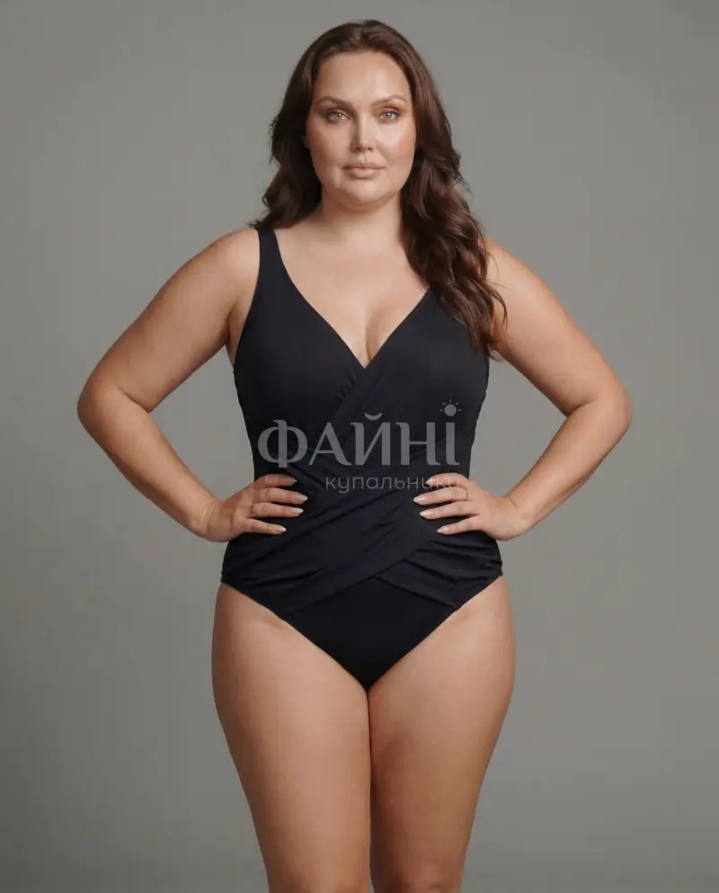 Чорний суцільний купальник з V-подібним декольте та драпіруванням