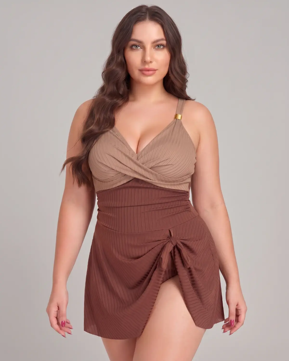 Plus-size model in brown ruched wrap dress