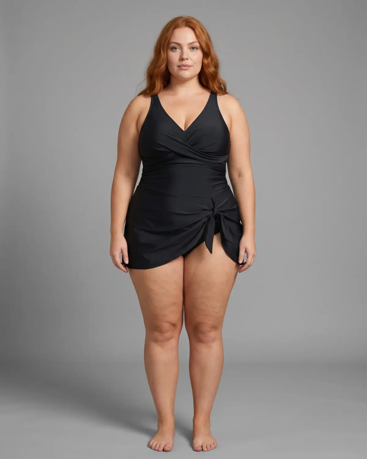 Plus-size model in black swimsuit with knot at waist